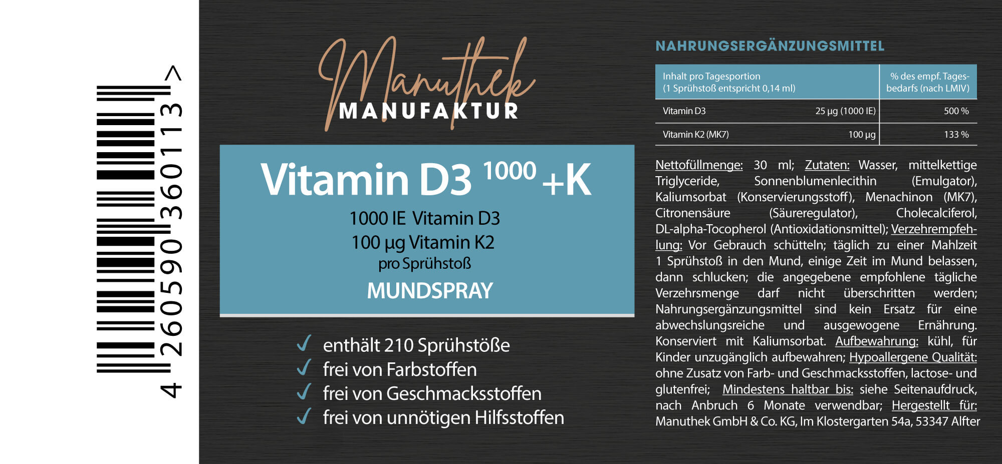 Vitamin D3 1000 + Vitamin K2 100 Manuthek GmbH & Co. KG